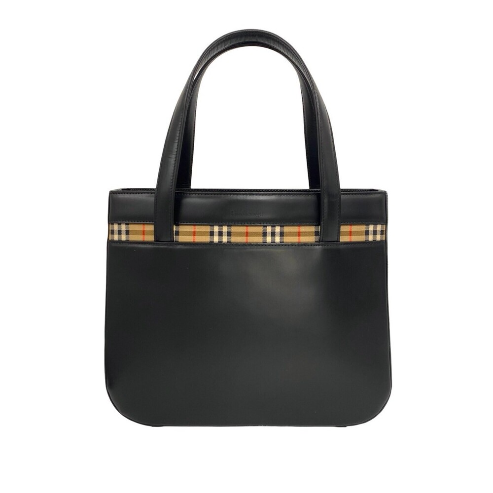 Burberrys Vintage Logo Engraved Nova Check Pattern Leather Canvas Handbag Bla...